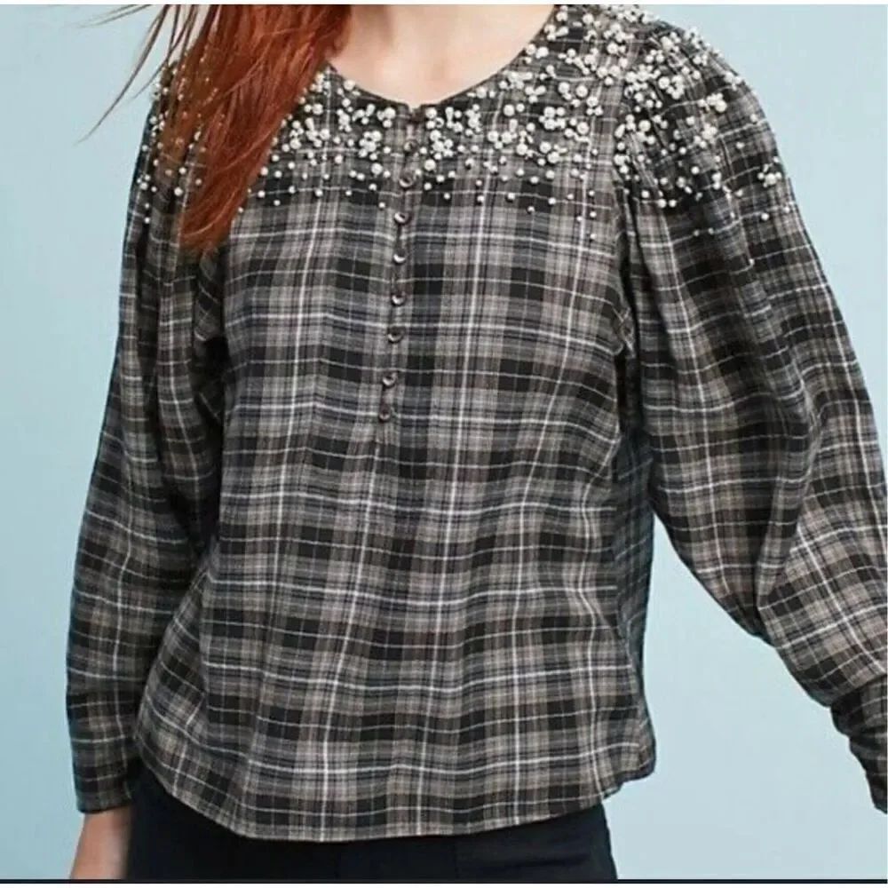 Anthropologie Akemi + Kin plaid flannel embellished pearl top M